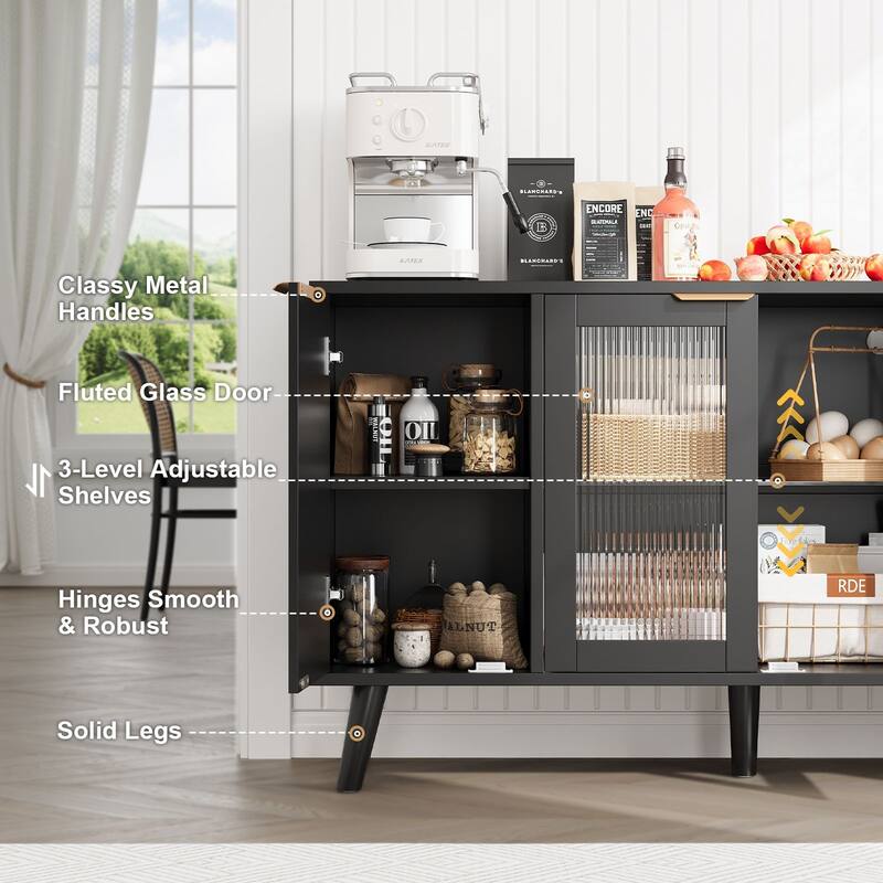 Meyreso Kitchen Sideboard Storage Cabinet with LED Light, 4 Doors