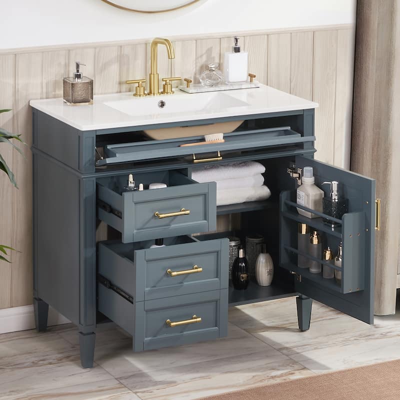 Modern 36" Freestanding Bathroom Vanity Cabinet Wood Frame with Ceramic Sink and Divided Drawers