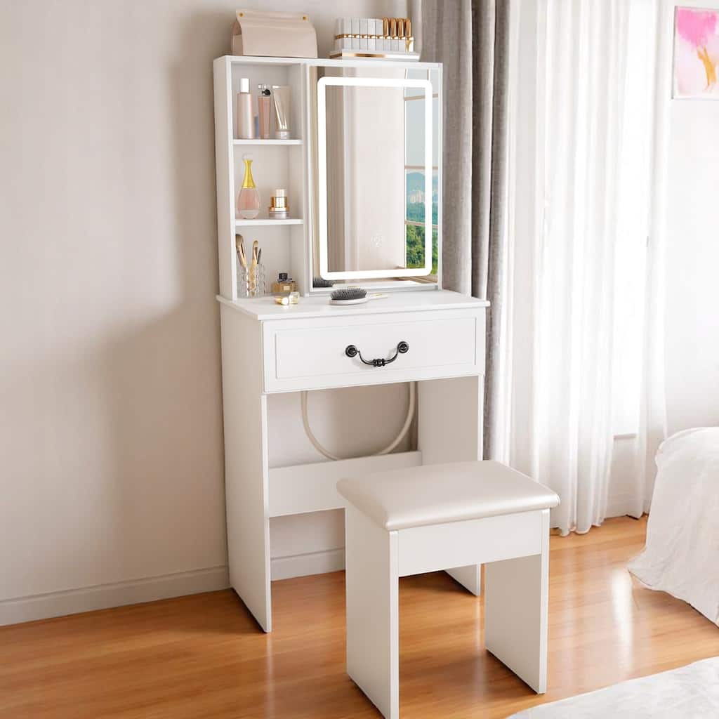 KISRAIS 23.63" Small Size Vanity Desk with Brightness Adjust LED Mirror and Cushioned Stool
