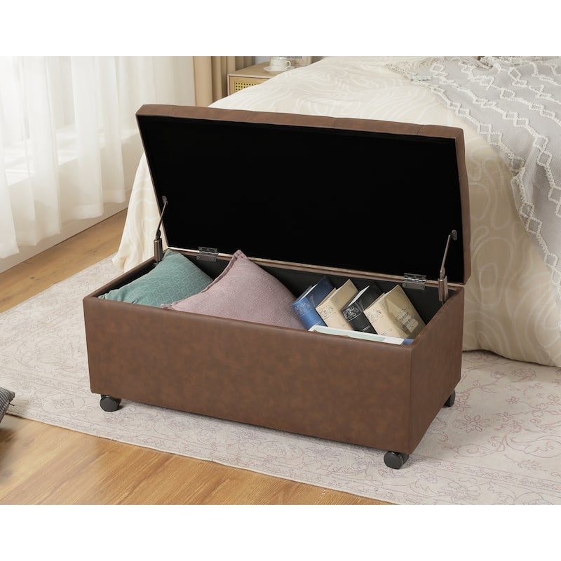Adeco 35" Storage Ottoman Tufted Faux-Leather Lifted Top Bench