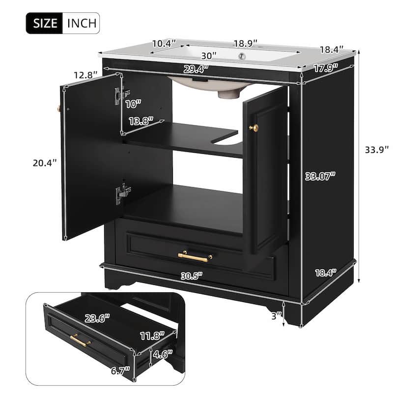 30" Luxurious Bathroom Vanity with Ceramic Sink - Bathroom Cabinet with 2 Large Soft Closing Doors