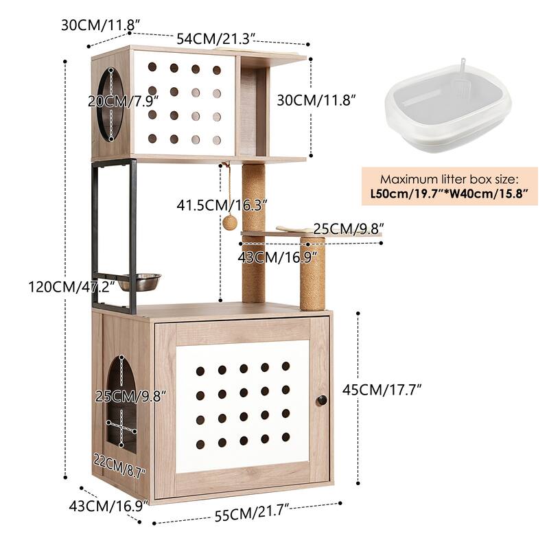 Cat Tree with Litter Box Enclosure, All-in-one Cat Tower for Indoor Cats with Large Hammock, Bed, Food Station, Scratching Posts