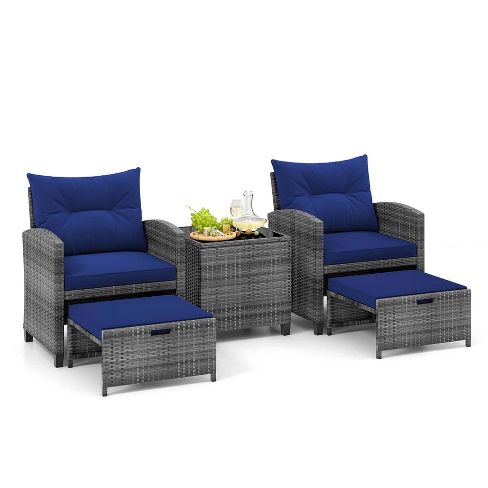 Gymax 5 PCS Rattan Furniture w/ 2 Ottomans & Tempered Glass Coffee