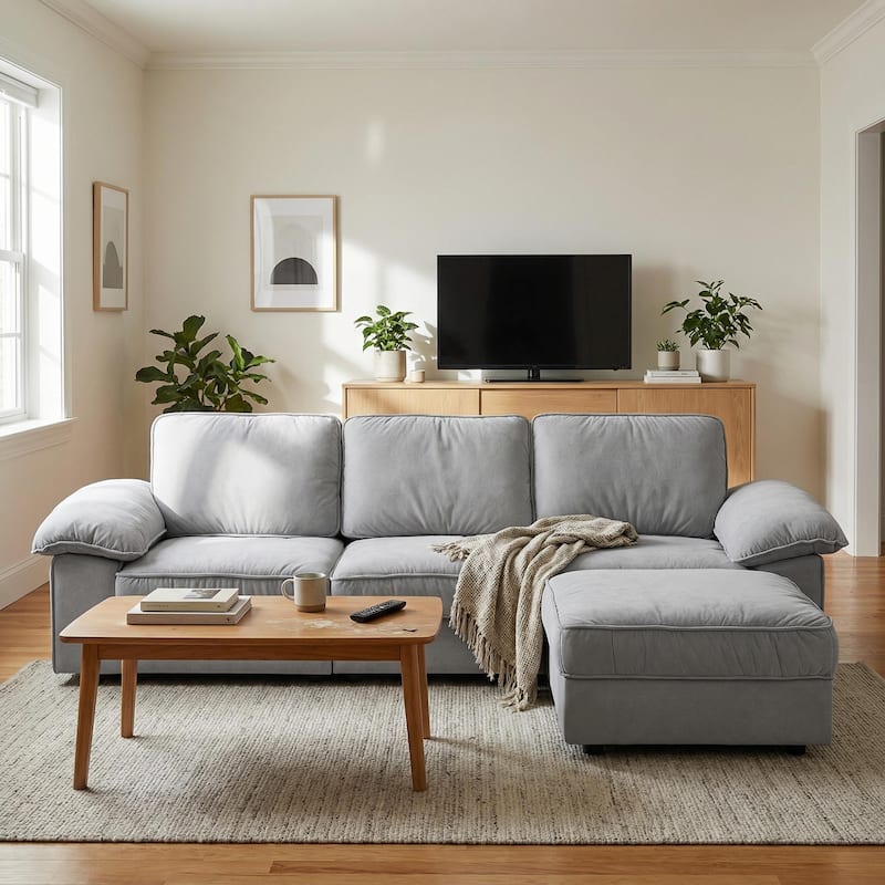 Upholstered L-Shaped Sectional Sofa Couch with Ottoman, Modern Fabric Deep Seat Sofa