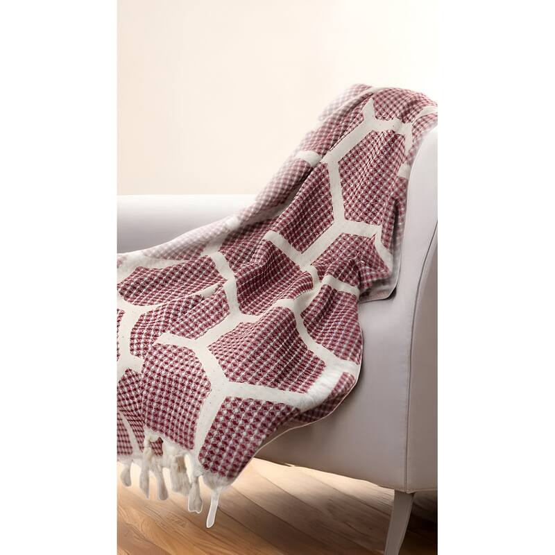 60" X 50" Red Woven Cotton Geometric Throw Blanket with Fringe - Throw