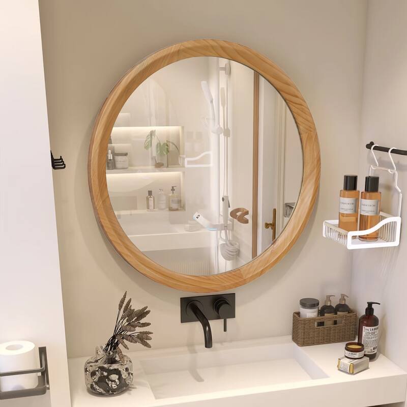Natural Wood Round Wall Mirror - Natural Wood