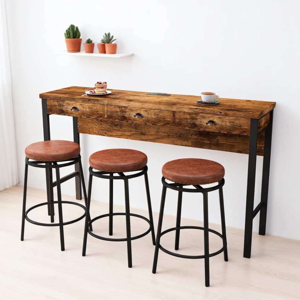 3-Drawer Dining Table Set with Power Outlets and 3 Swivel PU Stools, Table with Storage and Charging Station for Dining Room