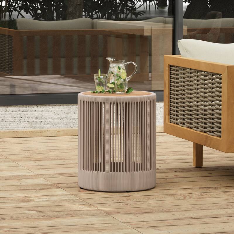 Roomfitters Round Outdoor Side Table, Acacia Wood and Rattan Rope Accent Table for Patio and Balcony - Teak+ Beige