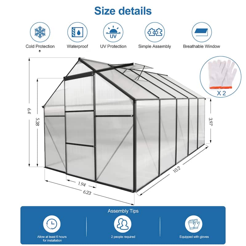 6x10 FT Greenhouse Raised Base and Anchor Aluminum Heavy Duty Walk-in Greenhouses