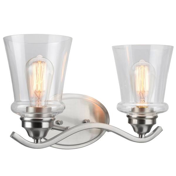 slide 2 of 5, Aspen Creative Two-Light Metal Bathroom Vanity Wall Light Fixture, 15 1/2" Wide, Satin Nickel with Clear Glass Shade