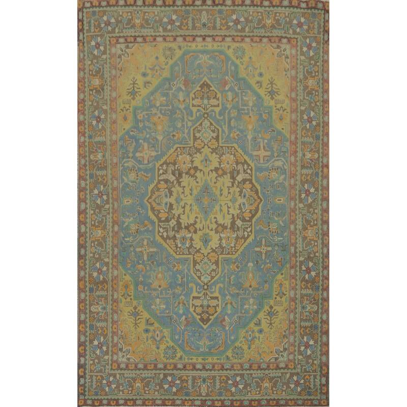 Hand Knotted Oriental 100% Wool Carpet Traditional Floral Navy Blue & Blues Tabriz Area Rug - 9' 6'' X 6' 3''
