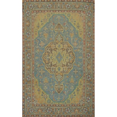 Hand Knotted Oriental 100% Wool Carpet Traditional Floral Navy Blue & Blues Tabriz Area Rug - 9' 6'' X 6' 3''