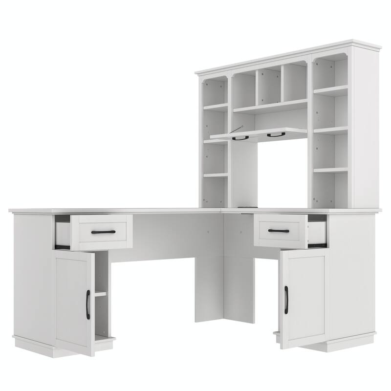 L-Shaped Computer Desk with 2 Cabinets, 2 Drawers, 11 Open Shelves and a Flip-Up Shelf with Storage on the Right Side