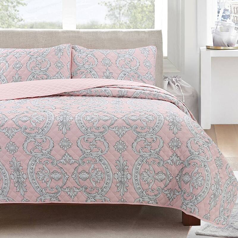 Cozy Line Millennial Pink Floral Majesty Medallion Polyester Quilt Bedding Set
