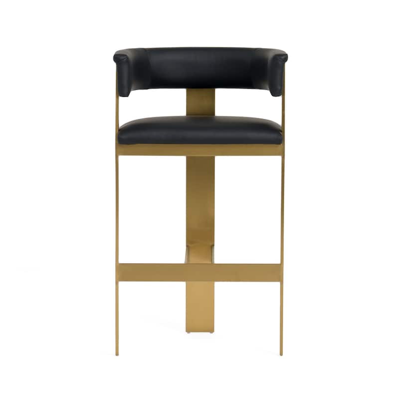 Cid Willow Barstool Chair, Black Faux Leather, Gold Metal Three Leg Base