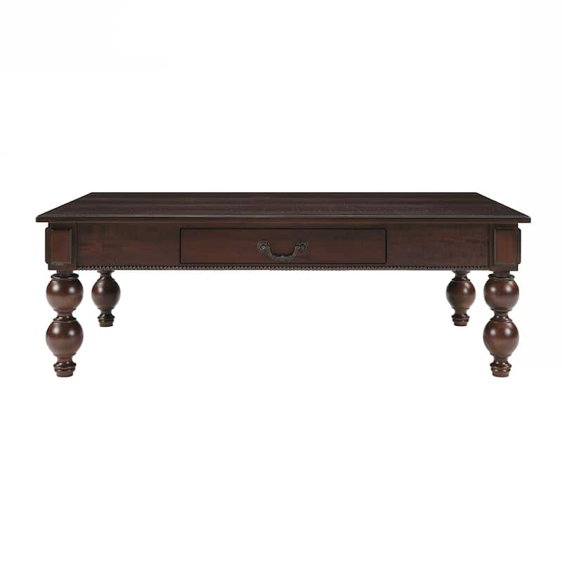 Rectangular Wooden Coffee Table with Storage Drawer, Vintage Cocktail Table with Solid Wood Gourd-Shaped Legs for Living Room