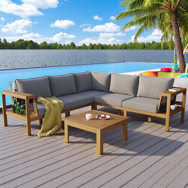 4-Piece Acacia Wood Patio Furniture Set with Armrests, Cushions and Pillows,Outdoor Sectional Sofa for Balcony, Garden,or Deck - Gray,Natural