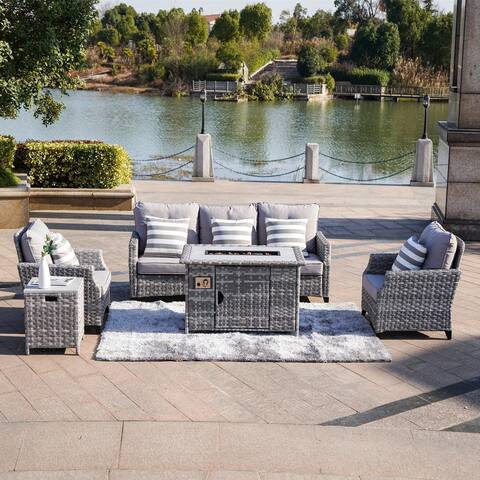 5-Piece Patio Wicker Sofa Set with Firepit Table and Rain cover
