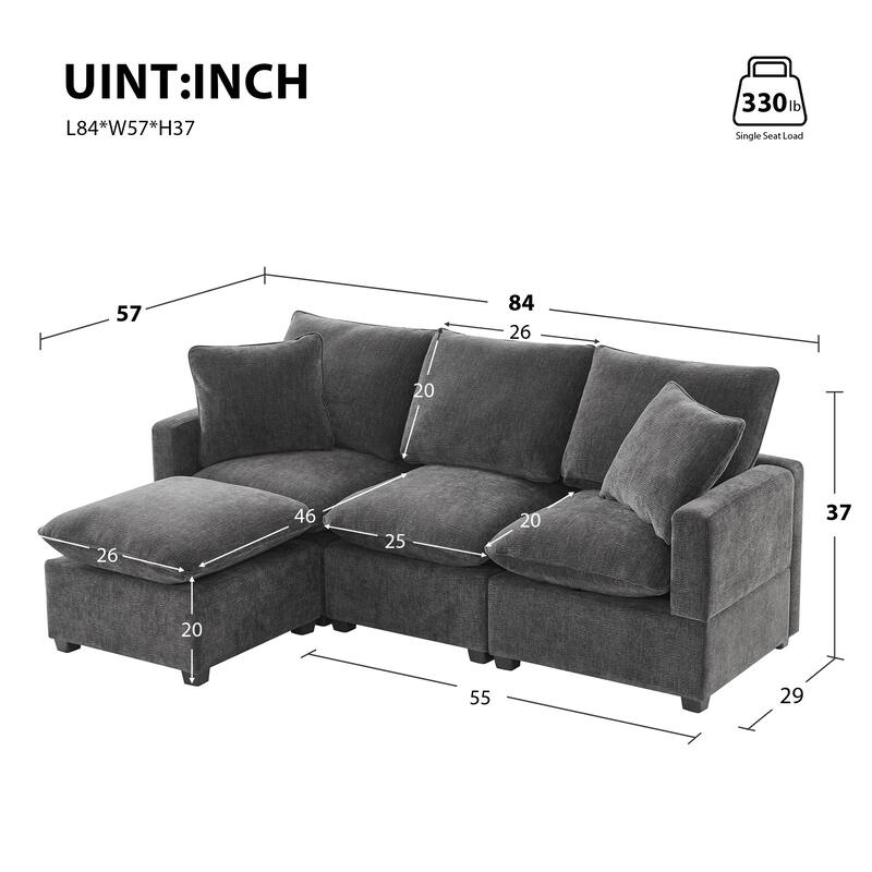 84" Modular Sofa Set with Ottoman & 2 Pillows, Free Combination 4 Seats L-Shape Chenille Sectional Sofa for Livingroom Apartment