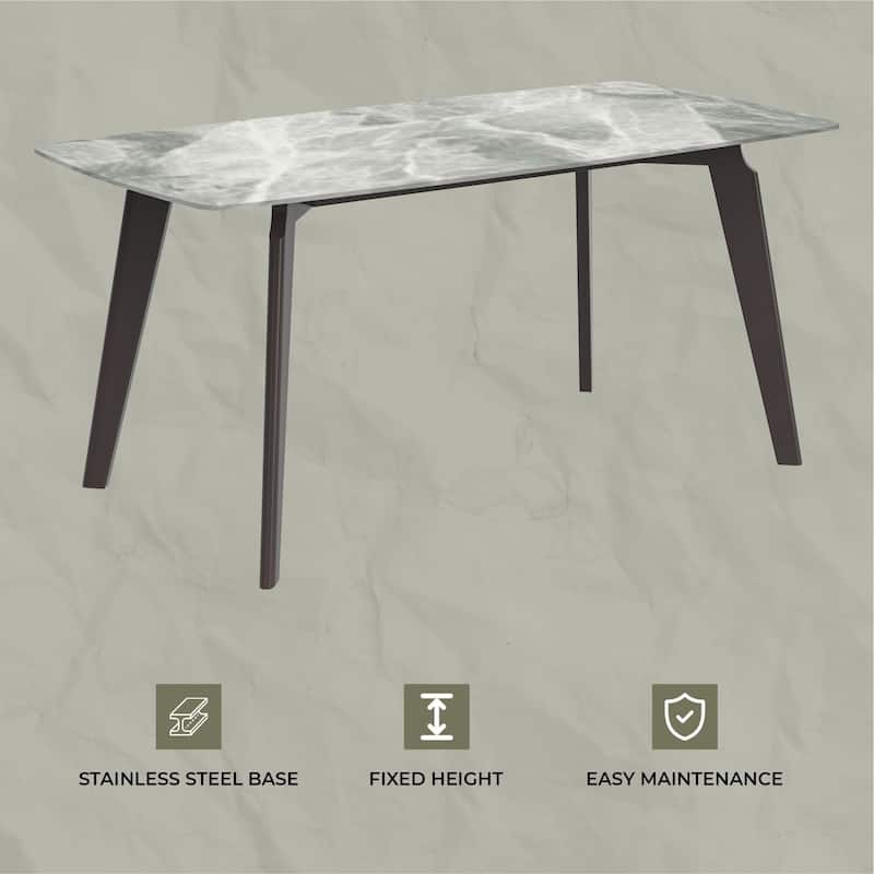 Krevor Modern Dining Table with Rectangular Sintered Stone or Glass Wide Tabletop and Black Steel Base