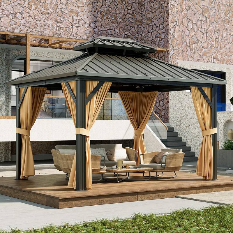 Outdoor Hardtop Gazebo Galvanized Aluminum Framed Double Roof Pavilion with Netting and Curtains, Waterproof Roof Gazebo - brown 10x12ft