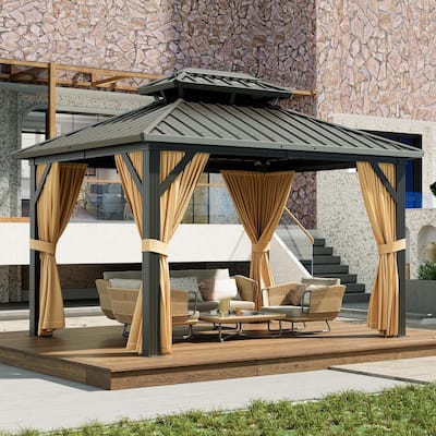 Outdoor Hardtop Gazebo Galvanized Aluminum Framed Double Roof Pavilion with Netting and Curtains, Waterproof Roof Gazebo