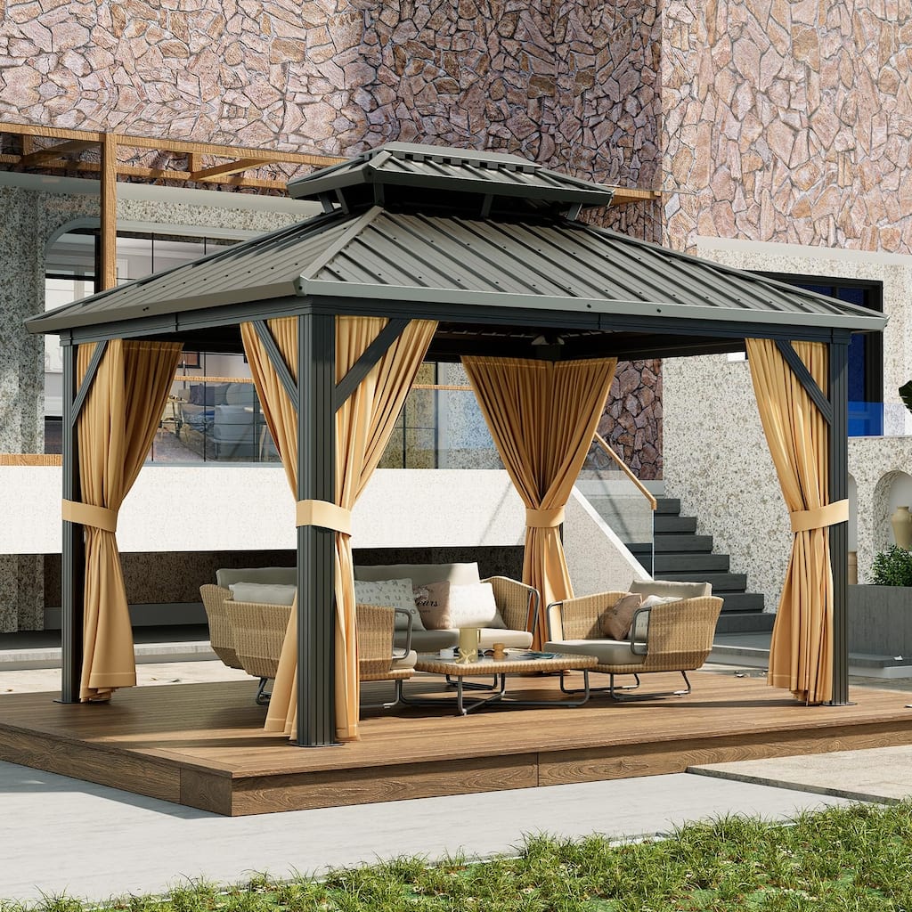 Outdoor Hardtop Gazebo Galvanized Aluminum Framed Double Roof Pavilion with Netting and Curtains, Waterproof Roof Gazebo