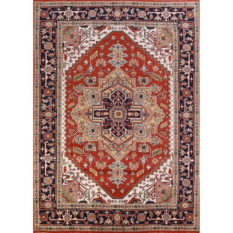 Hand Knotted Oriental 100% Wool Carpet Traditional Medallion Oranges & Rust Heriz (serapi) Area Rug - 11' 9'' X 8' 10''