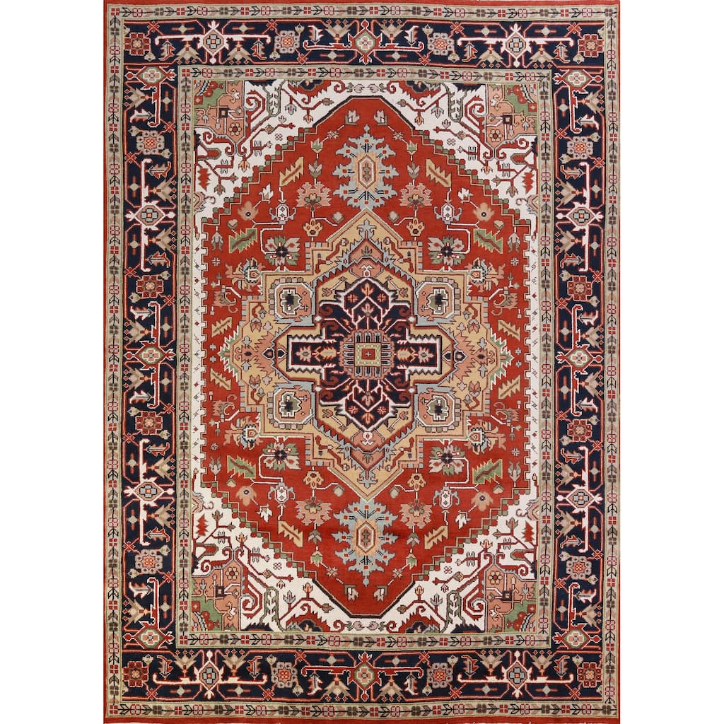 Hand Knotted Oriental 100% Wool Carpet Traditional Medallion Oranges & Rust Heriz (serapi) Area Rug - 11' 9'' X 8' 10''
