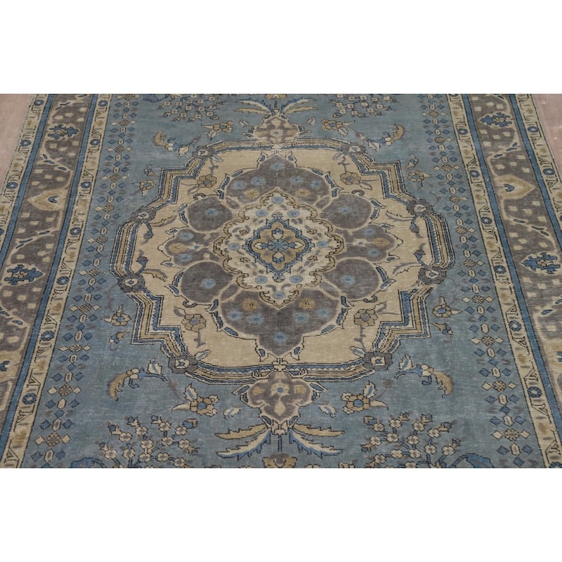 Geometric Blue Tabriz Persian Rug Traditional Hand-Knotted Wool Carpet - 6'7"x 9'9"
