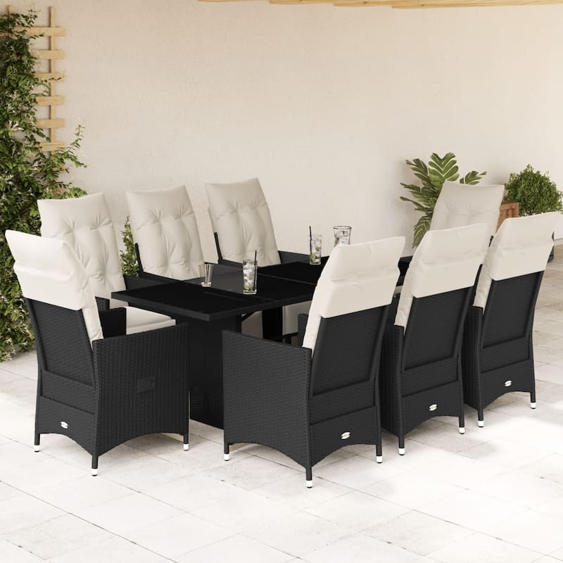 vidaXL Patio Dining Set with Cushions Table and Chairs Outdoor Black Poly Rattan - 23.2 x 22 x 36.2 - Black Large Glass