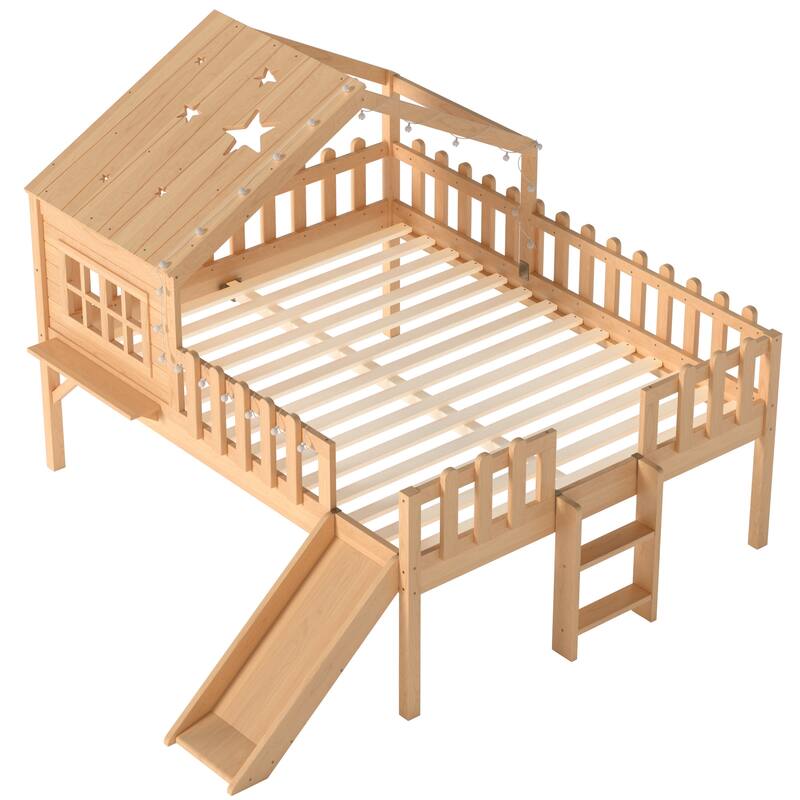 Full Size House Loft Bed with Slide,Playhouse Bed with Star Moon-shaped Designs and Window, Chic Design with LED Lights