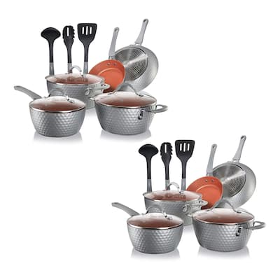 NutriChef 11 Pc Nonstick Diamond Kitchen Cookware Pot & Pan Set, Gray (2 Pack) - 16.18