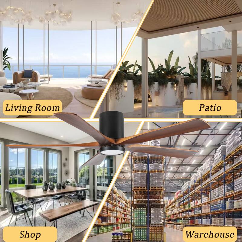 60" Ceiling Fan with Light, Flush Mount, 5 Wood Blades, Quiet Reversible DC Motor, Remote Control, Dimmable Full-Spectrum LED