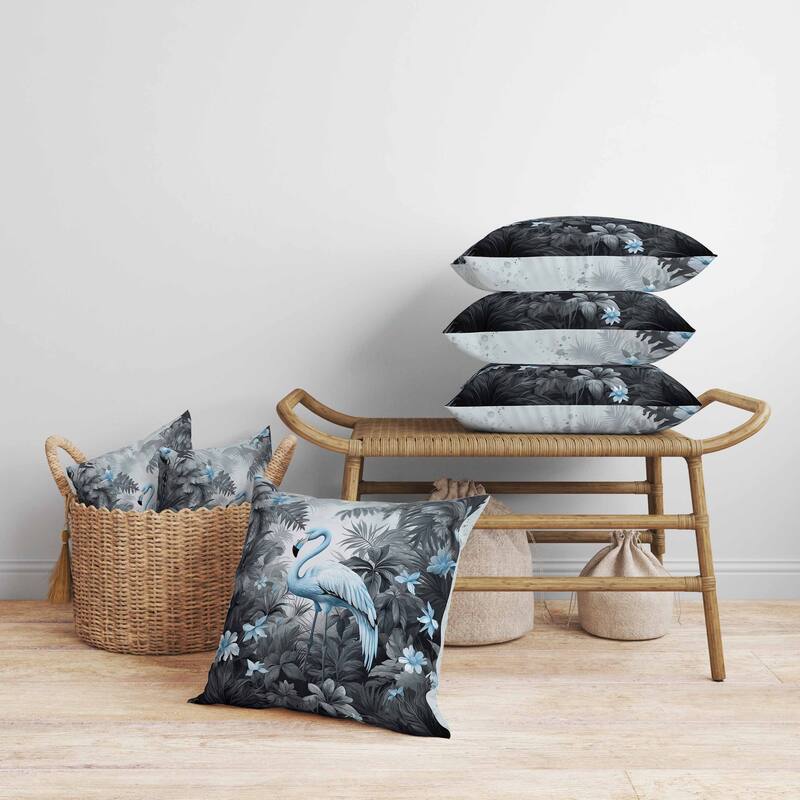 Tropical Flamingo Haven Faux Suede Reversible Throw Pillow Grey and Blue