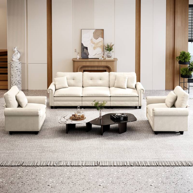 MASION ARTS 3-Piece Modular Sectional Sofa, Oversized Cloud Couch with Armchairs/Loveseats, Deep Seat Sofa (5–7 Seats) - 5-Seater/White/Chenille