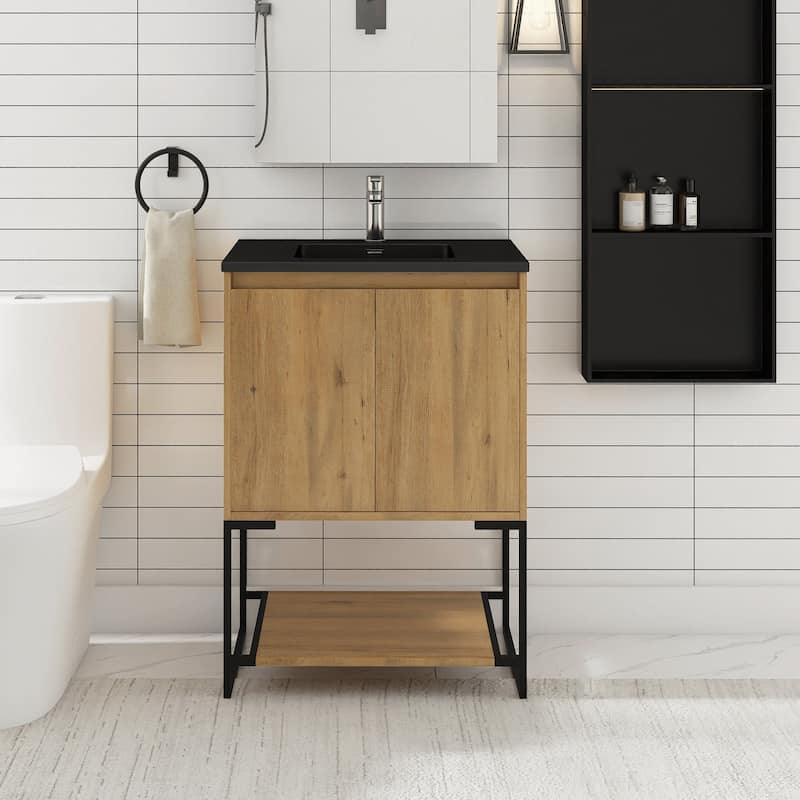 Freestanding Bathroom Vanity Set in Oak with Integrated Solid Surface Sink - 24" x 19" - Oak with Black Top
