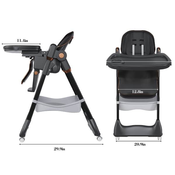 dimension image slide 0 of 2, Adjustable Foldable Baby High Chair with Tray and Wheels for 0 6 Years