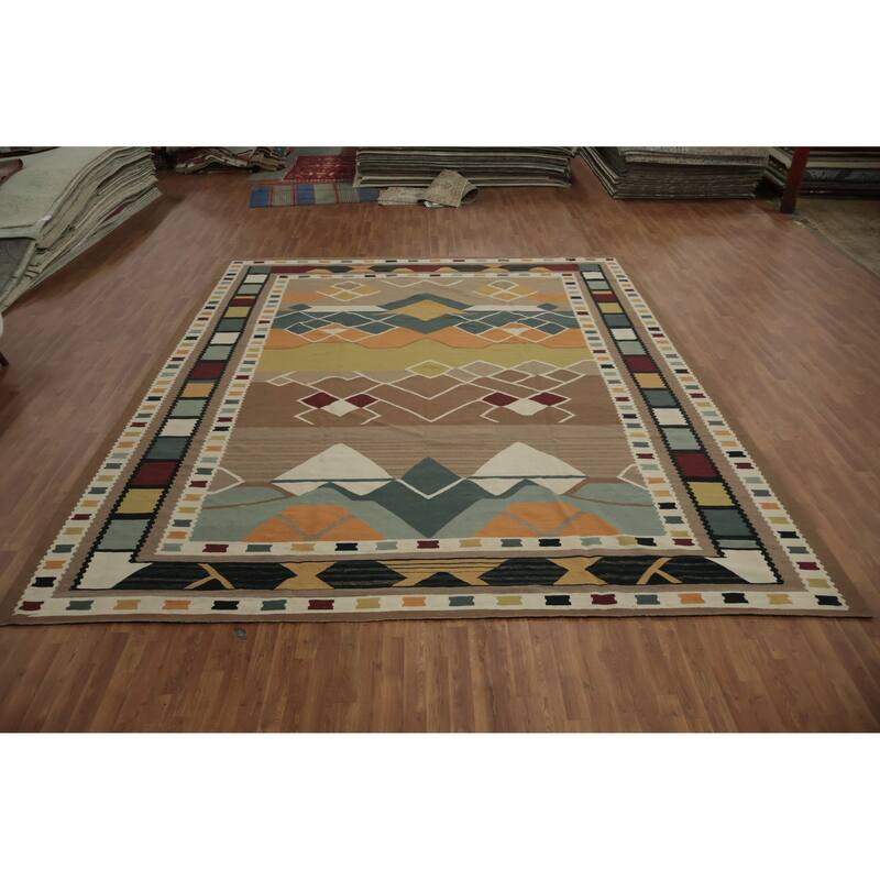 Hand Woven Oriental 100% Wool Carpet Southwestern Tribal Brown Kilim Area Rug - 14' 3'' X 11' 10''