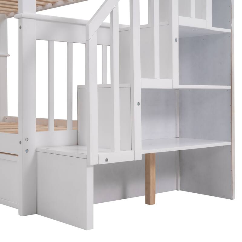 Twin-Over-Twin Bunk Bed with Stairs and Three Drawers, White - Space-Saving Bedroom Solution