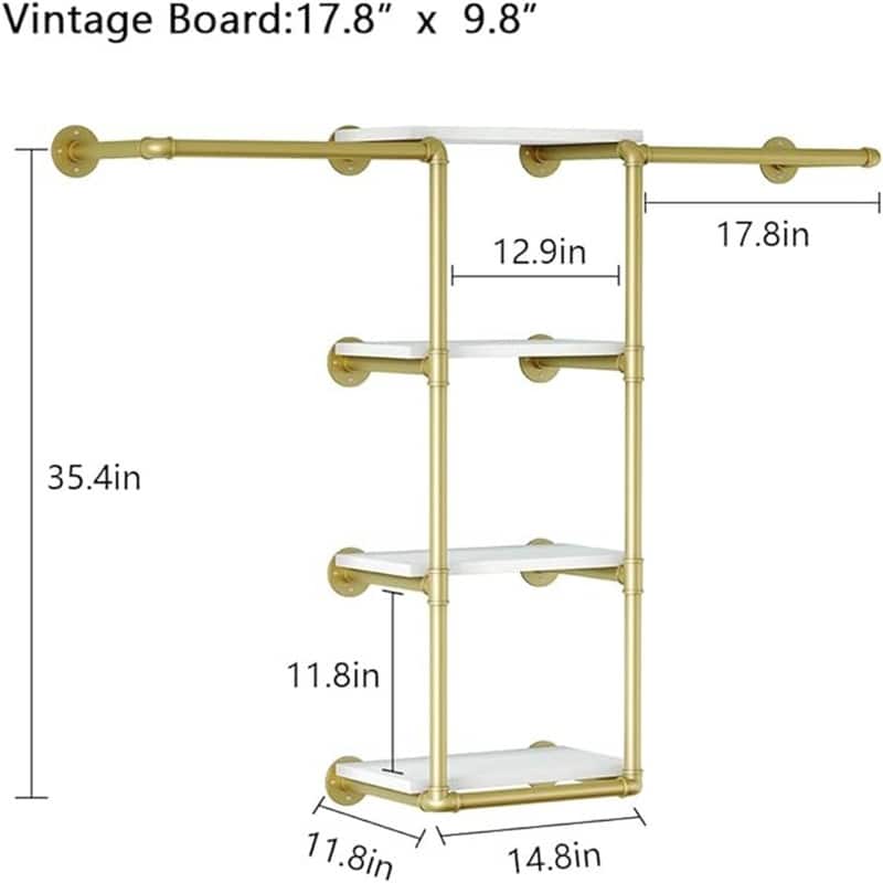 Wall Mounted Pipe Clothing Rack with Shelves - 11.8"D x 50.4"W x 35.4"H