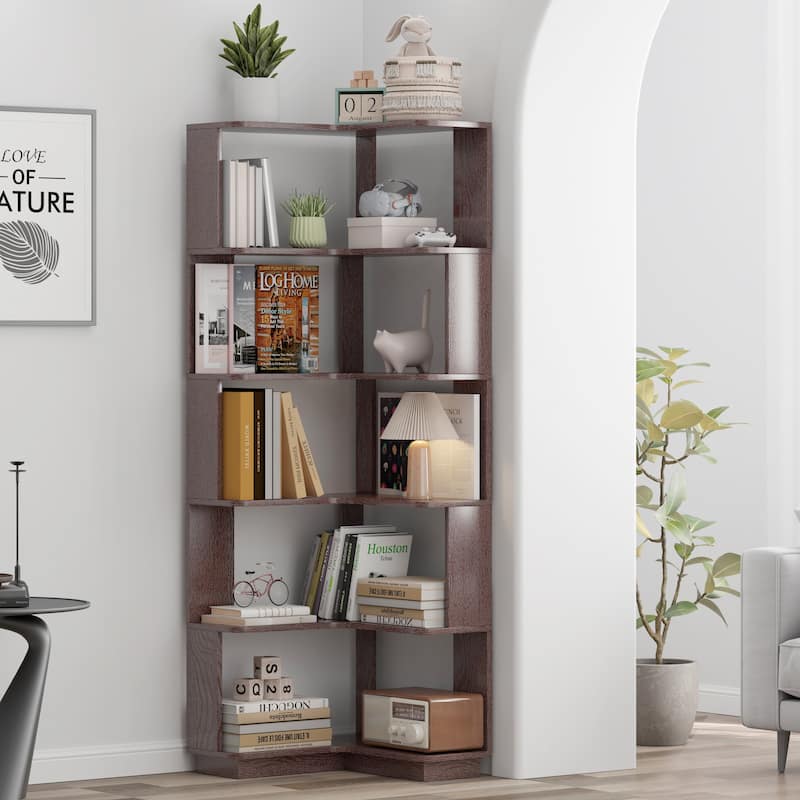 6 Tier Freestanding L-Shaped Corner Bookshelf For Living Room, Bedroom, Wooden Bookcase with anti tipping device