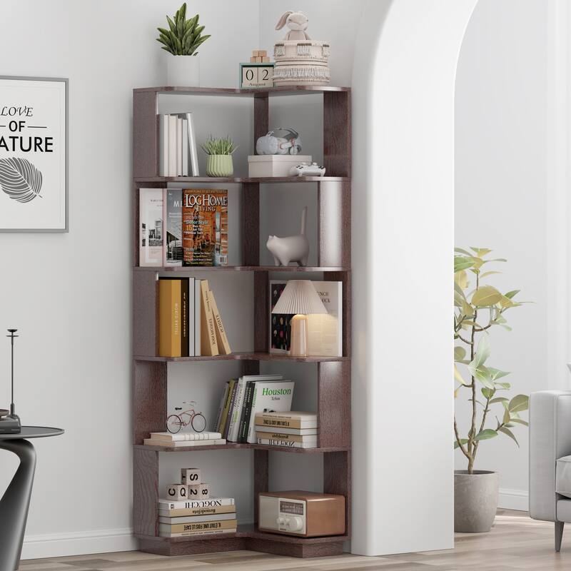 GDFStudio - Elysande Wood Corner Bookcase with 6-Tier Anti-Fall Design