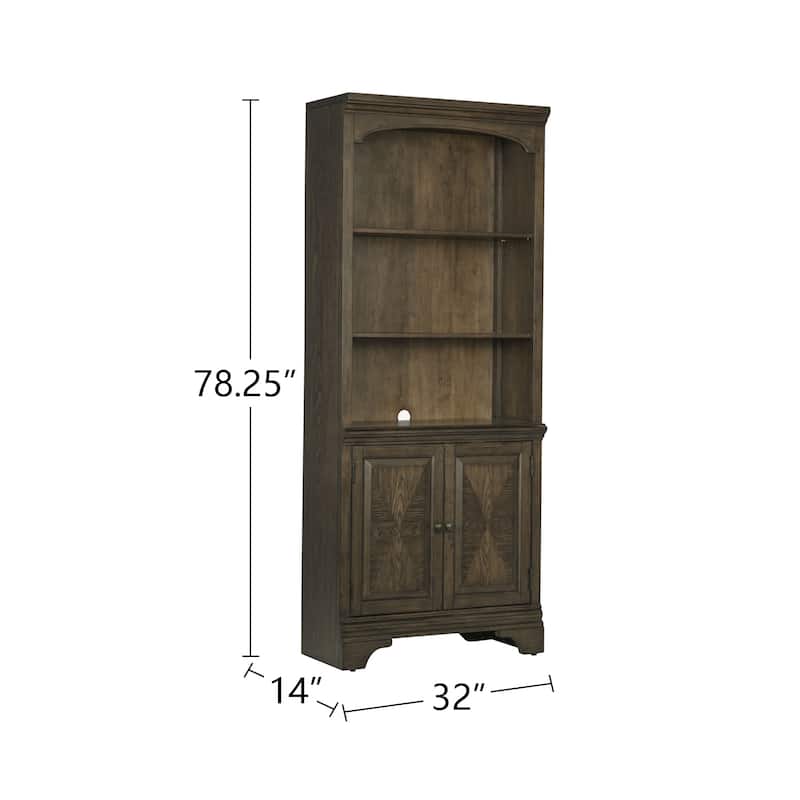 Three-shelf Wood Bookcase with Cabinet in Burnished Oak