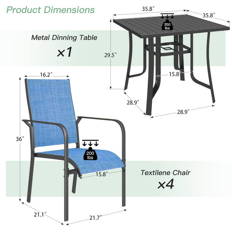 Patio Dining Set, Outdoor Dining Table and Chairs Set with Textilene Chairs, Adjustable Umbrella Hole for Garden, Backyard