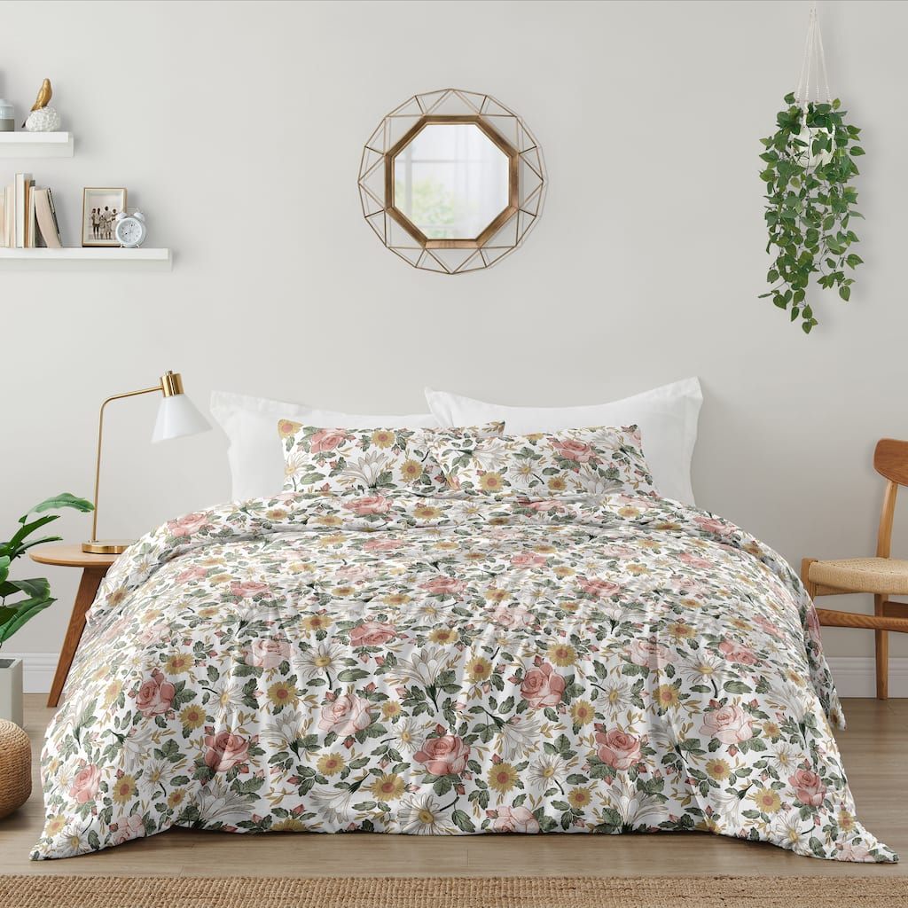 Sweet Jojo Designs Vintage Floral Boho Girl 3pc Full Queen Comforter Set - Blush Pink Yellow Green White Shabby Chic Farmhouse