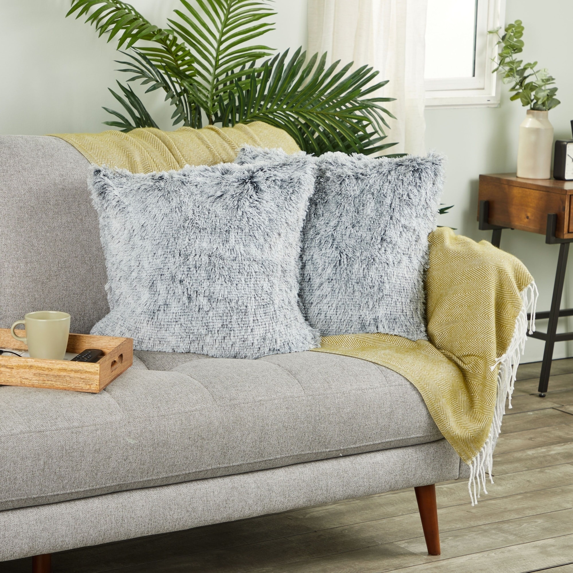 Grey Faux Fur Throw Pillow Covers Fuzzy Home Decor 20 x 20 Inches 2 Pack