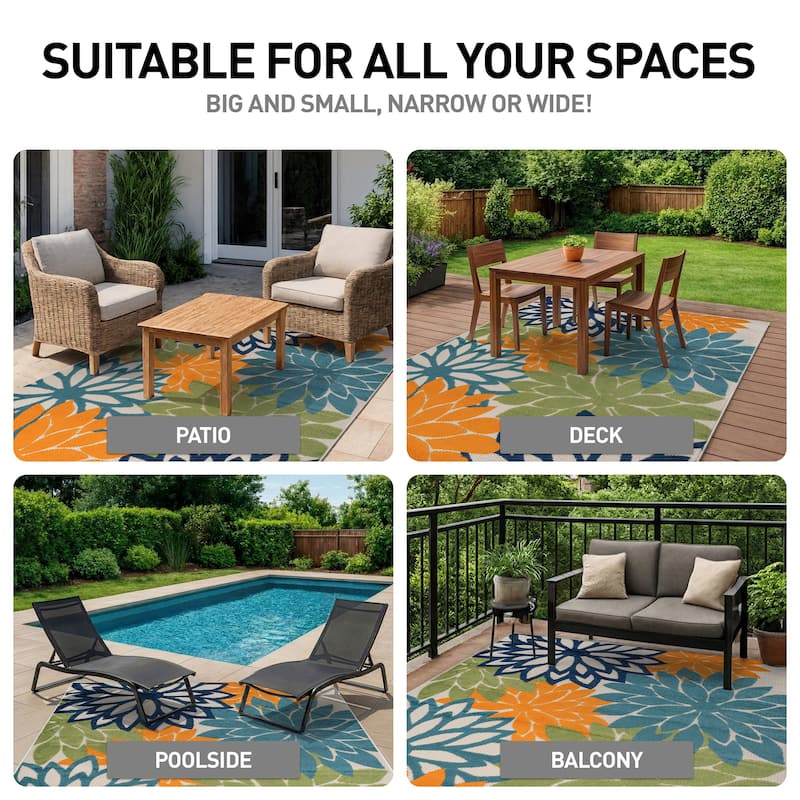 World Rug Gallery Indoor/Outdoor High-Low Textured Area Rug, Floral Easy-Clean Patio Rug