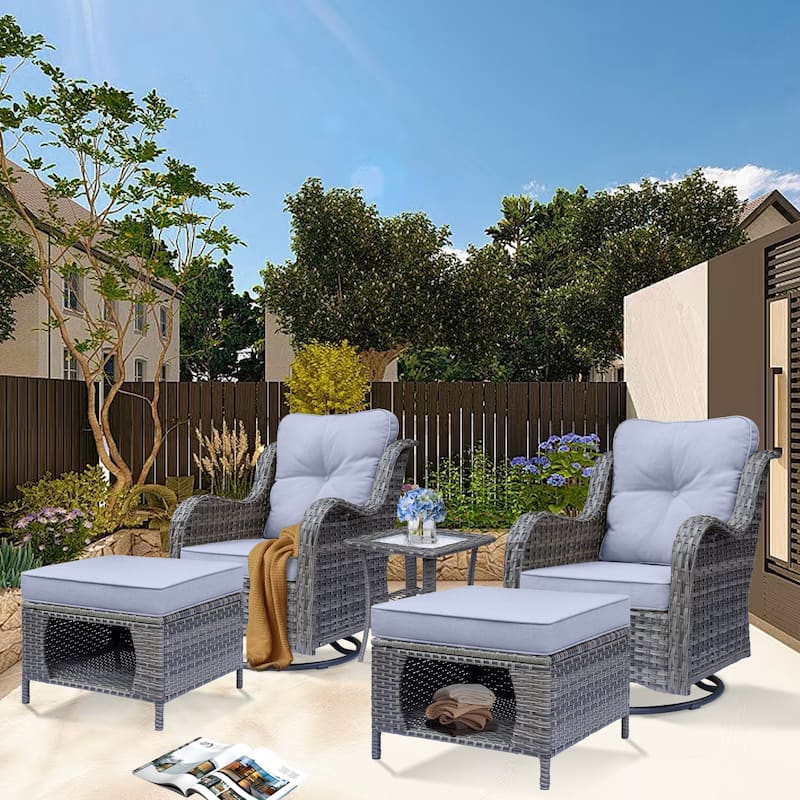 5 Piece Outdoor Wicker Patio Furniture Swivel Chair with Ottoman Set - Grey-Gray Rattan