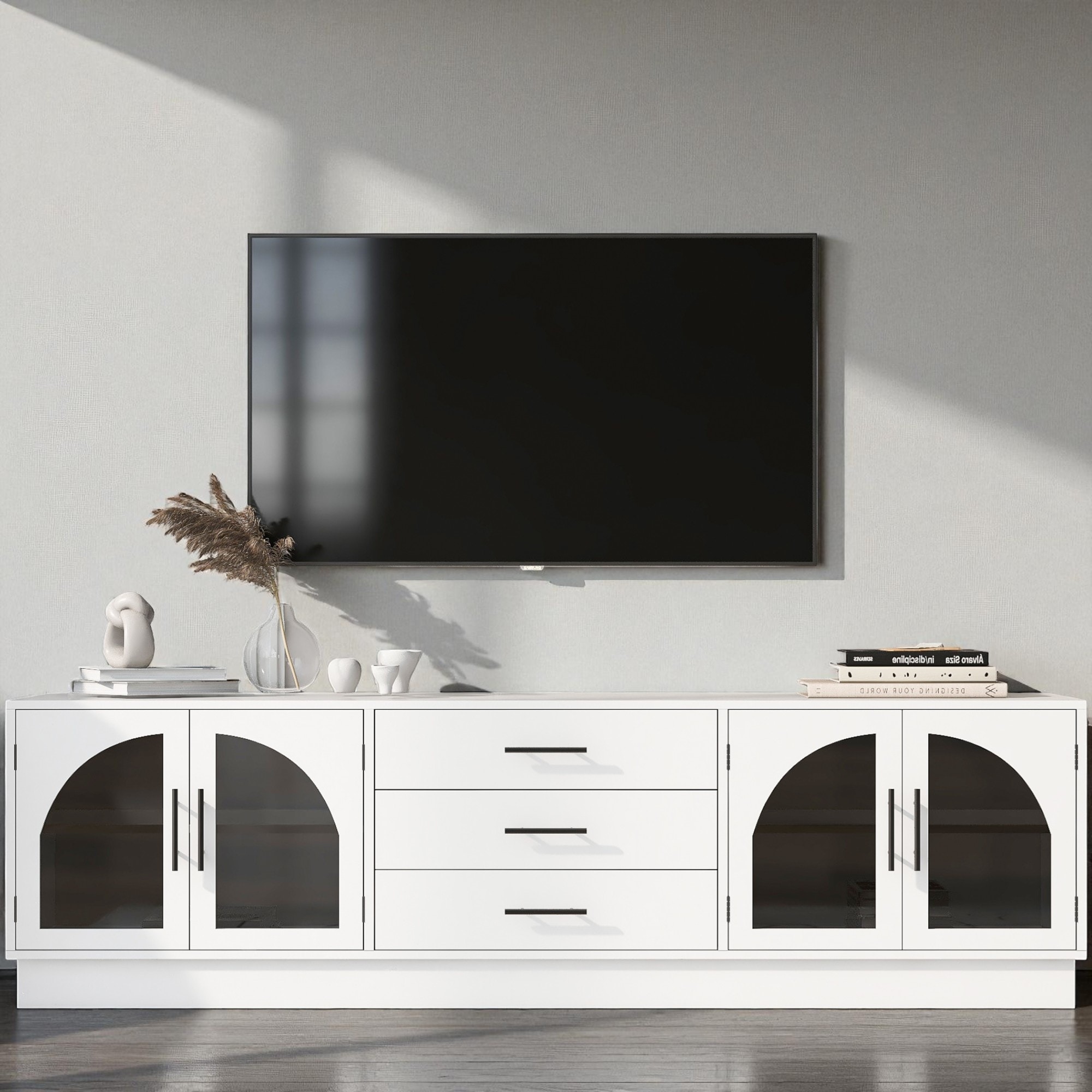 68.9'' Modern Minimalist TV Stand with Glass Doors, 3 Drawers & Adjustable Shelves, Fits TVs up to 75''